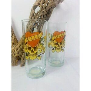 TWO (2) ED HARDY Skull Tattoo Love Kills Slowly Highball Barware Glasses 6"